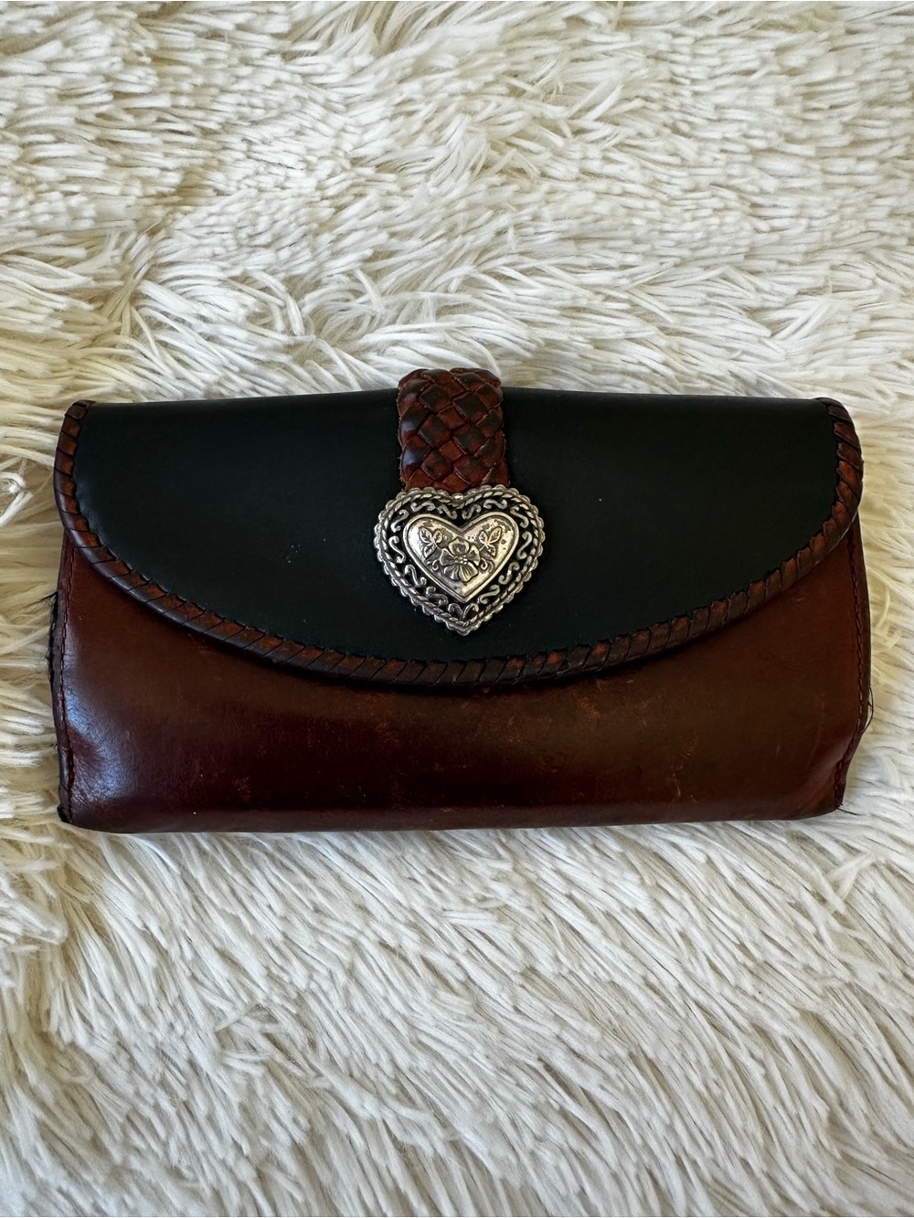 BRIGHTON Vintage Brown Black Leather Heart Concho Checkbook Organizer Wallet